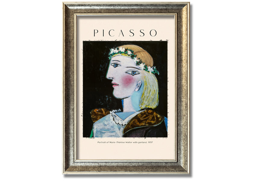 A vibrant canvas print of Picasso's Portrait Of Marie-Thérèse Walter, featuring a woman with a garland, mounted on a box frame.